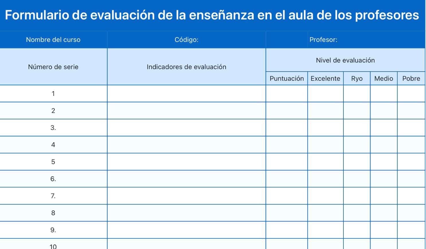 Formulario de evaluación de la enseñanza en el aula de los profesores